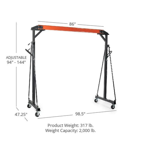 Bad Boy Heavy Weight One Ton Gantry Crane Frame Rated For Two Thousand Pounds adjustable hoist rig with dimensions 98.5 x 86 inches.