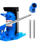 Heavy Duty Alloy Steel Hydraulic Toe Jack With Dual Point 20 Ton Top Lift and 10 Ton Edge Catch side view with handle and attachments.