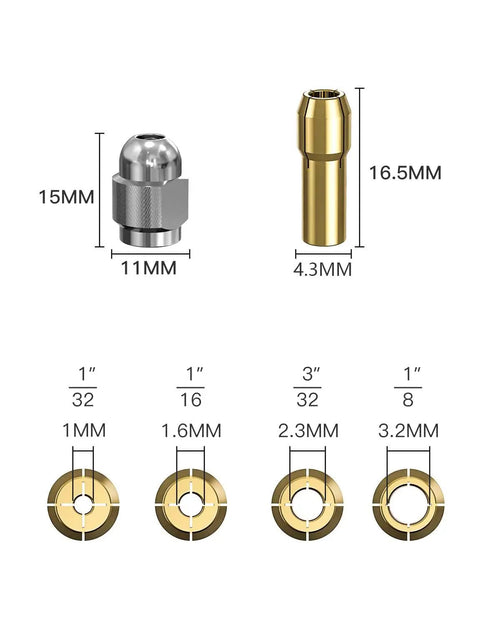 Dimensions and sizes of Built Tough Brass Collet Set For Rotary Tools, 10 Piece Quick Change Nut Kit For 4485 Style with size details.