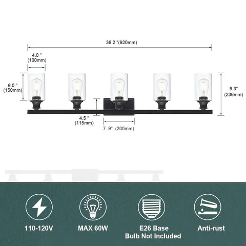 Dimensions of Farmhouse Style 5-Lights Vanity Sconce Set With Clear Glass Shades Black Metal Backplate Wall Lighting