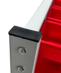 Close-up of metal rack corner with red bins from Heavy Duty Metal Bin Rack Storage Organizer System With 76 Removable Bins For Tools Hardware Nuts Bolts In Garage Workshop Factory Durable Steel Frame For Easy Access And Top Notch Shop Organization