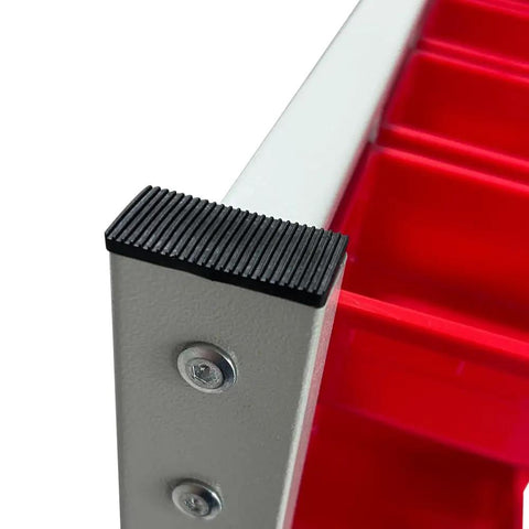 Close-up of metal rack corner with red bins from Heavy Duty Metal Bin Rack Storage Organizer System With 76 Removable Bins For Tools Hardware Nuts Bolts In Garage Workshop Factory Durable Steel Frame For Easy Access And Top Notch Shop Organization
