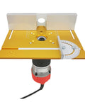 Universal Aluminum Router Table Insert Flip Plate with pre drilled base, miter gauge fence, and smooth anodized finish.