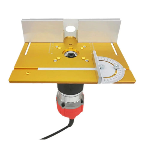 Universal Aluminum Router Table Insert Flip Plate with pre drilled base, miter gauge fence, and smooth anodized finish.