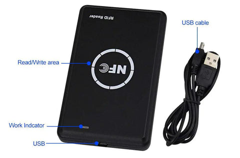 RFID And NFC Duplicator Kit For Easy Card Cloning With 125KHz Key Fob Copier and 13.56MHz Encrypted Programmer shown with USB cable