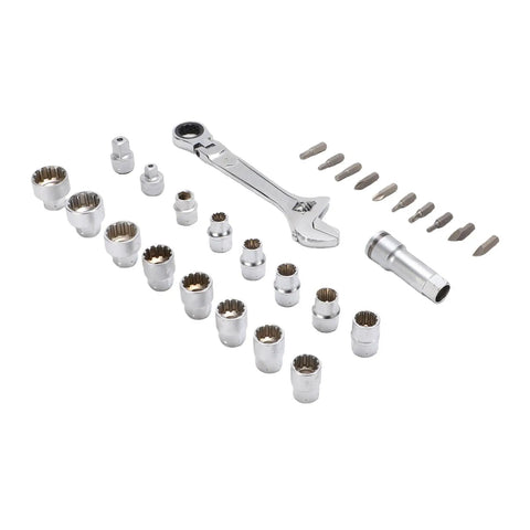 Pass Through Socket Set With Three Eighths And One Half Inch Drive Sockets Seventy Two Tooth Reversible Ratchet and various bits