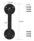 9.6 Inch Pipe Barn Door Pull Handle In Black Rustic Industrial Finish with screws, iron construction, matte black finish, dimensions shown