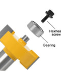 Heavy Duty Rabbet Router Bit Set With 6 Interchangeable Bearings And Multi Shank Tenon Cutter, featuring hex screw and bearing details.