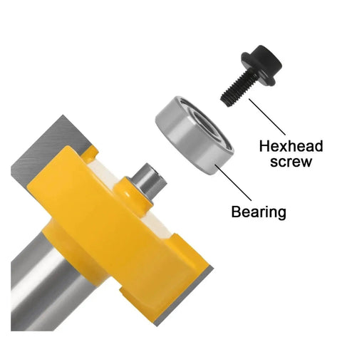 Heavy Duty Rabbet Router Bit Set With 6 Interchangeable Bearings And Multi Shank Tenon Cutter, featuring hex screw and bearing details.