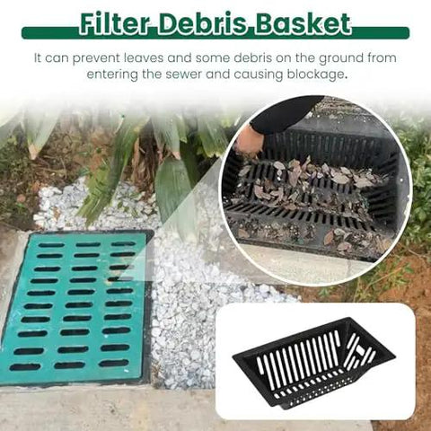 Rock Solid Heavy Duty Catch Basin Sump Pump With Drain Lid And Debris Basket For No Sweat Yard Drainage featuring filter debris basket and leaves.