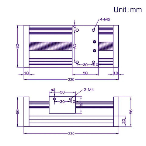 Beefy 250mm Linear Rail Guide With Double Optical Axis And SFU1605 Ballscrew 5mm Lead Manual Sliding Table For CNC Router Machines High Hardness Metal Construction 250mm Travel technical drawing with 330mm dimensions
