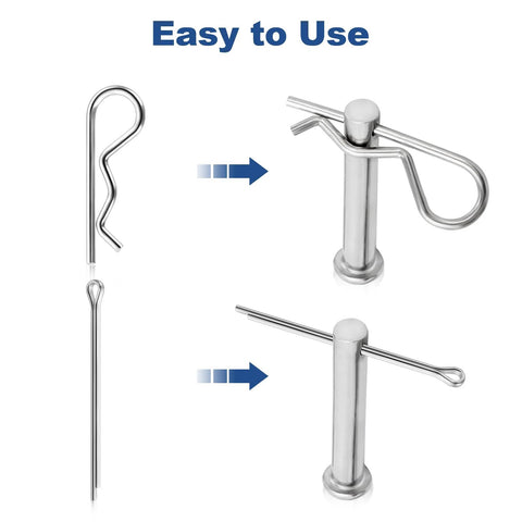 Cotter pins and R-clips, stainless steel, shown for hitch pin installation; uninstalled and installed views