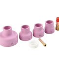 Cool Welder Upgrade Kit: 7Pc Stubby Gas Lens Ceramic Cup Set For WP-17/18/26 TIG Torch including various size ceramic nozzles.