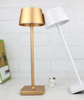 Gold and white cordless table lamps with 5200mAh battery IP54 waterproof aluminum alloy, touch dimming, indoor outdoor use.