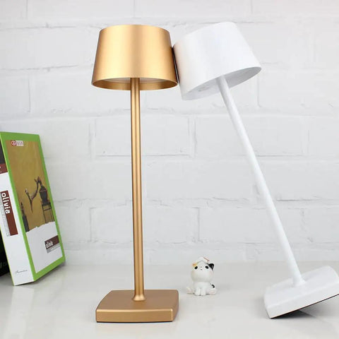 Gold and white cordless table lamps with 5200mAh battery IP54 waterproof aluminum alloy, touch dimming, indoor outdoor use.