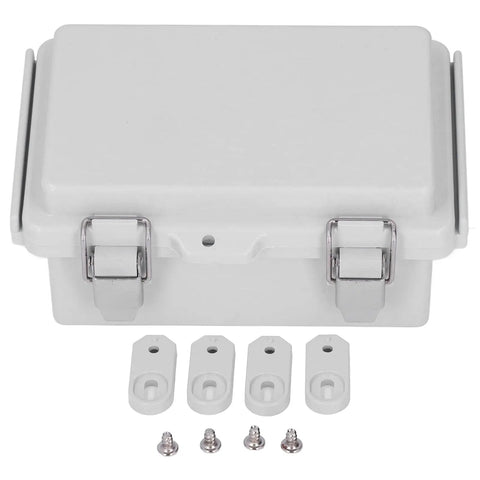 Rugged ABS Electrical Enclosure With Hinged Cover And Stainless Steel Latches For Indoor And Outdoor Industrial Use 100x150x70mm shown with mounting accessories