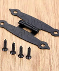 Two Pack Antique Black H Hinges For Cabinets And Boxes, Vintage Style Zinc Alloy With Screws on wooden surface