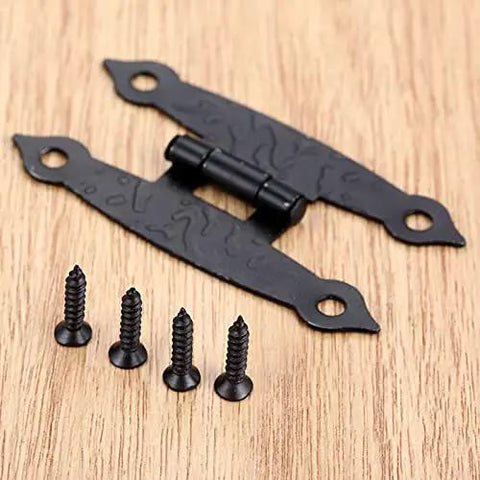 Two Pack Antique Black H Hinges For Cabinets And Boxes, Vintage Style Zinc Alloy With Screws on wooden surface