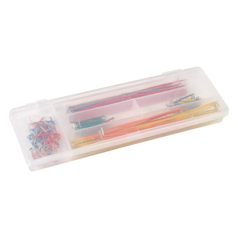 140 Piece Breadboard Jumper Wire Kit With 14 Lengths Of Assorted Color Cables in a clear plastic storage box