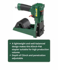 Smooth Shooting Pneumatic Cartoning Stapler Driving RR1 Series Staples With 5/8 Or 3/4 Inch Legs For Locking Down Folding Boxes With Zero Fuss Heavy Carry Performance, side view on a solid background.