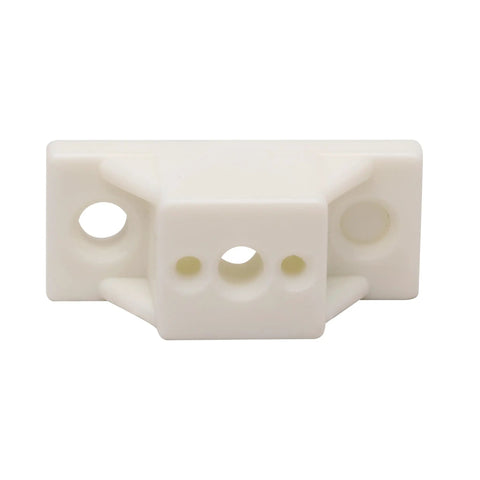 Twenty Pack Heavy Duty Plastic Drawer Slide Cabinet Side Spacers Three Quarter Inch Profile For Dead Simple Install And Killer Alignment On Kitchen Cabinets With Core Support Pegs And Drive Screws In Clean White, close-up view of plastic spacer.