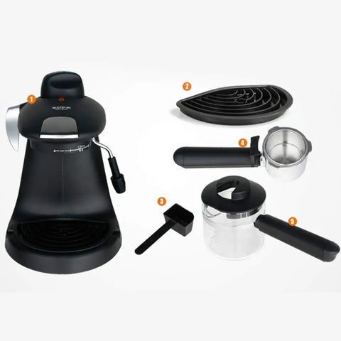 Compact Single Serve Espresso And Cappuccino Maker With One Button Capsule Brewer And Built In Milk Frother, accessories layout.