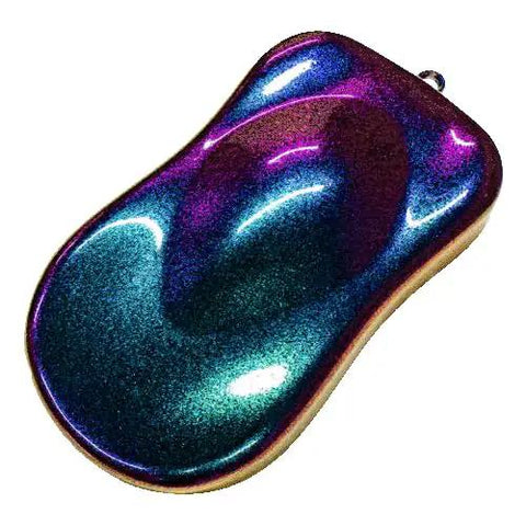 Fresh Shop Grade Superflake Colorshift Basecoat Paint Gallon Ready To Spray With Slow Reducer Binder For Custom Rigs Delivering Dope Shiftin Shades shimmer sample with green and purple hues.