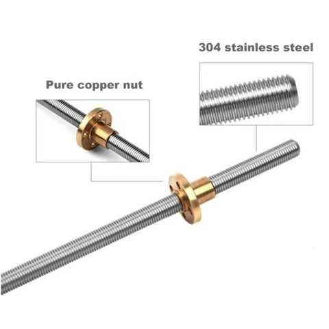 T10 Left Hand Lead Screw With 2mm Pitch Built Damn Tough Out Of 304 Stainless Steel Hooked Up To An Awesome Brass Flange Nut For Gnarly Smooth Linear Motion On Your Next 3D Printer Project At 900mm