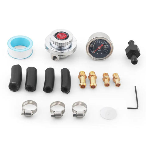Adjustable Fuel Pressure Regulator Kit For Carburetor Systems With Inline Fuel Pump 1 To 5 Psi Regulator Includes 0 To 15 Psi Gauge And Zinc Block Street Ready Easy Install To Maintain Consistent Fuel Flow. kit with gauge, brass fittings, hoses and clamps