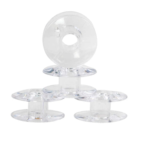 Front view of four clear plastic sewing machine bobbins (4 ct) for replacement use