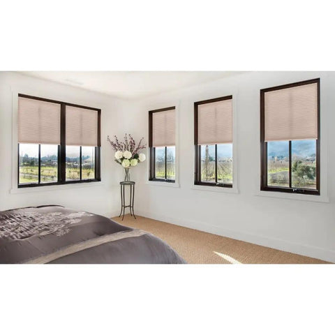Bedroom with No Tools Needed Easy Lift Cordless Pleated Light Filtering Window Shade Trim At Home Install Natural Fabric