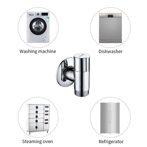 No-Nonsense Backflow Preventer Valve For Washer And Dishwasher, Chrome Solid Brass Angle Valve, Wall Mount with appliance icons