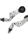 Thinking Process: serpentine drive belt tensioner pulley kit with two metal arms and black pulleys on white background