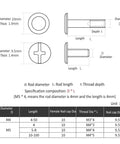 Technical drawing of Knockout Quality 304 Stainless Steel Snap Rivet Book Binding Screws 10mm and 9.5mm dimensions and specifications.