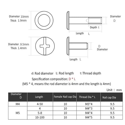 Technical drawing of Knockout Quality 304 Stainless Steel Snap Rivet Book Binding Screws 10mm and 9.5mm dimensions and specifications.