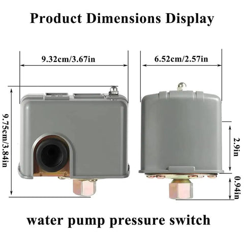 Dimensions of Well Pump Pressure Switch 40-60 PSI Adjustable Differential 1/4 Inch NPT Automatic Grey for homes and small cabins