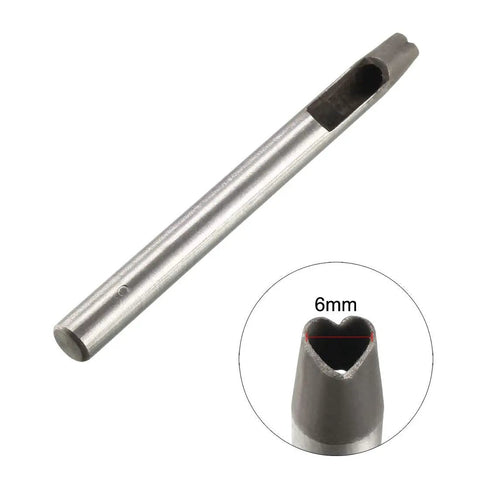 Heavy Duty Heart Shaped Hole Punch Die Cutter 6mm Diameter Durable Carbon Steel For DIY Crafting Leather Fabric Paper Scrapbooking Projects Pro Grade Craft Workhorse For Handmade Accessories showing close-up of cutting edge.