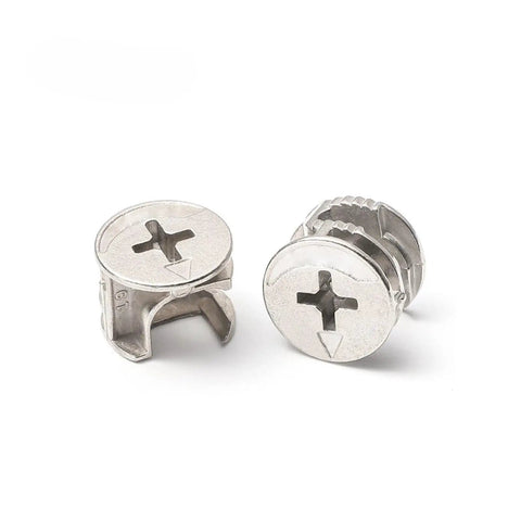 Two zinc alloy nickel plated Three In One Eccentric Wheel Connector Nut Set 20 Piece for cabinets and furniture panels