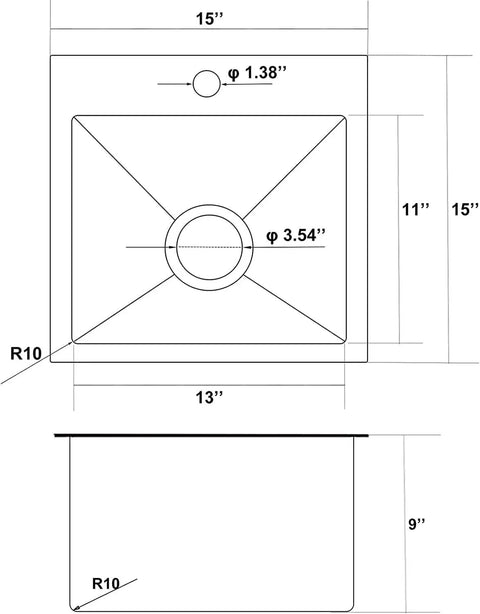 Technical drawing of Undermount Bar Sink 10 Inch By 18 Inch Stainless Steel 16 Gauge Single Bowl showing dimensions and drain placement.