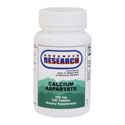 Front view of bottle of Calcium Aspartate Tablets 350 Mg Dietary Supplement for Daily Wellness Boost 100 Count Supports Bone Health Joint Comfort Muscle Function and Overall Calcium Nutrition.