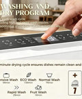 Crisp White Compact Countertop Dishwasher Boasting 28 Item Capacity Ideal For Apartments And Digs control panel with wash programs.