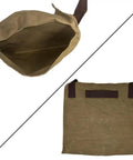 Open top and back view of Waxed Canvas Haversack Outdoor Bushcraft Shoulder Bag And Messenger Satchel Water Resistant Built To Last Utility Pack For Gardening And Foraging Large 17 By 15 Inches Dark Khaki