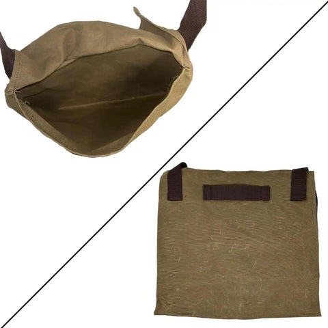 Open top and back view of Waxed Canvas Haversack Outdoor Bushcraft Shoulder Bag And Messenger Satchel Water Resistant Built To Last Utility Pack For Gardening And Foraging Large 17 By 15 Inches Dark Khaki