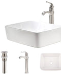 Rectangle Vessel Sink And Faucet Combo For Modern Bathrooms White Above Counter Basin 19 By 15 Inch Vanity Set With Brushed Nickel Faucet And Pop Up Drain Sleek Upgrade For Your Bathroom Daily Routine featuring white sink with nickel faucet and drain.