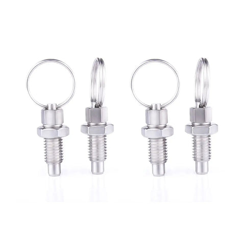 Heavy Duty M6 Stainless Steel Spring Plungers With Pull Ring 4 Pack showing a close-up of stainless steel pins with rings.