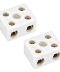 Two white porcelain ceramic 2-way terminal blocks with screw terminals