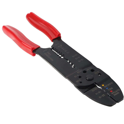 All In One Crimping Pliers Heavy Duty For Wire Terminals with red ergonomic grip and high carbon steel blades
