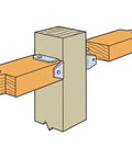 Illustration of FB24Z ZMAX Galvanized Fence Rail Bracket For 2x4 Slotted Rails, 20-Gauge Steel in use with wood posts and rails.