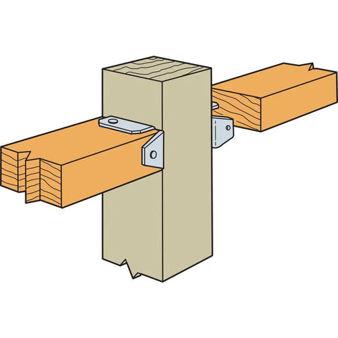 Illustration of FB24Z ZMAX Galvanized Fence Rail Bracket For 2x4 Slotted Rails, 20-Gauge Steel in use with wood posts and rails.