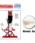 Side view of 30 Ton H Frame Hydraulic Shop Press With Floor Press Plates, showing foot pedal, double speed pump, and wooden box.